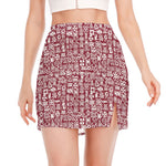 Red African Adinkra Tribe Symbols Side Slit Mini Skirt