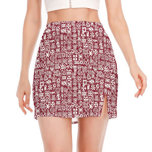 Red African Adinkra Tribe Symbols Side Slit Mini Skirt