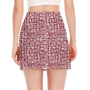 Red African Adinkra Tribe Symbols Side Slit Mini Skirt