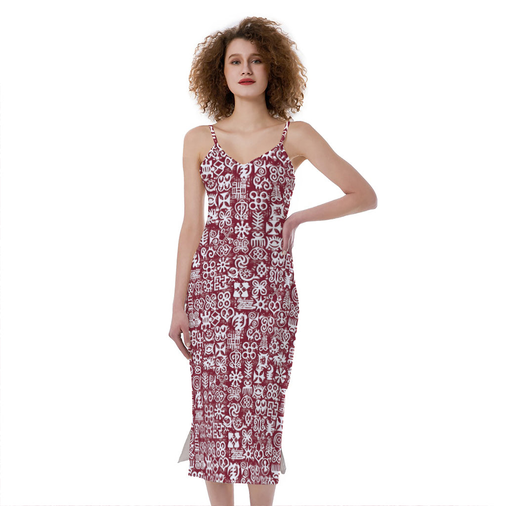 Red African Adinkra Tribe Symbols Slim Fit Midi Cami Dress