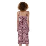 Red African Adinkra Tribe Symbols Slim Fit Midi Cami Dress