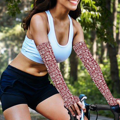 Red African Adinkra Tribe Symbols Sun Protection Arm Sleeves