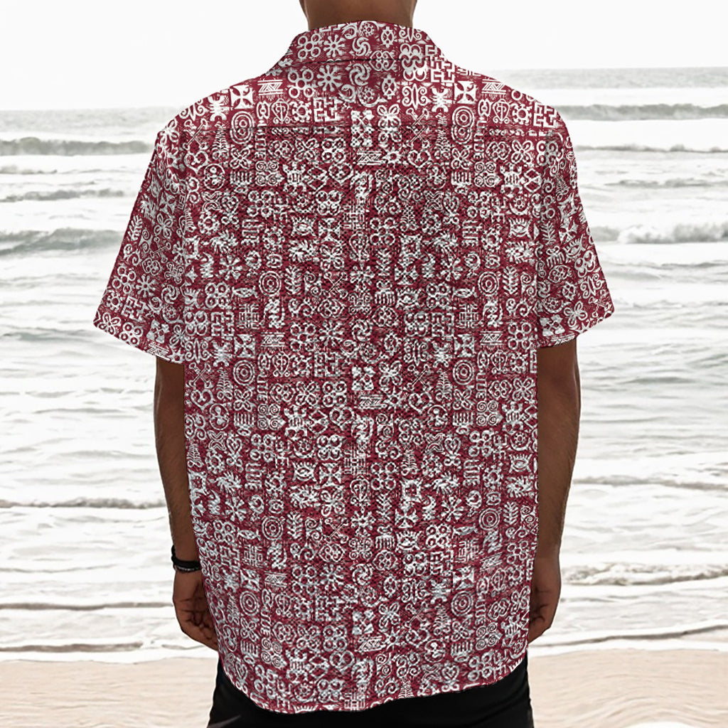 Red African Adinkra Tribe Symbols Textured Short Sleeve Shirt