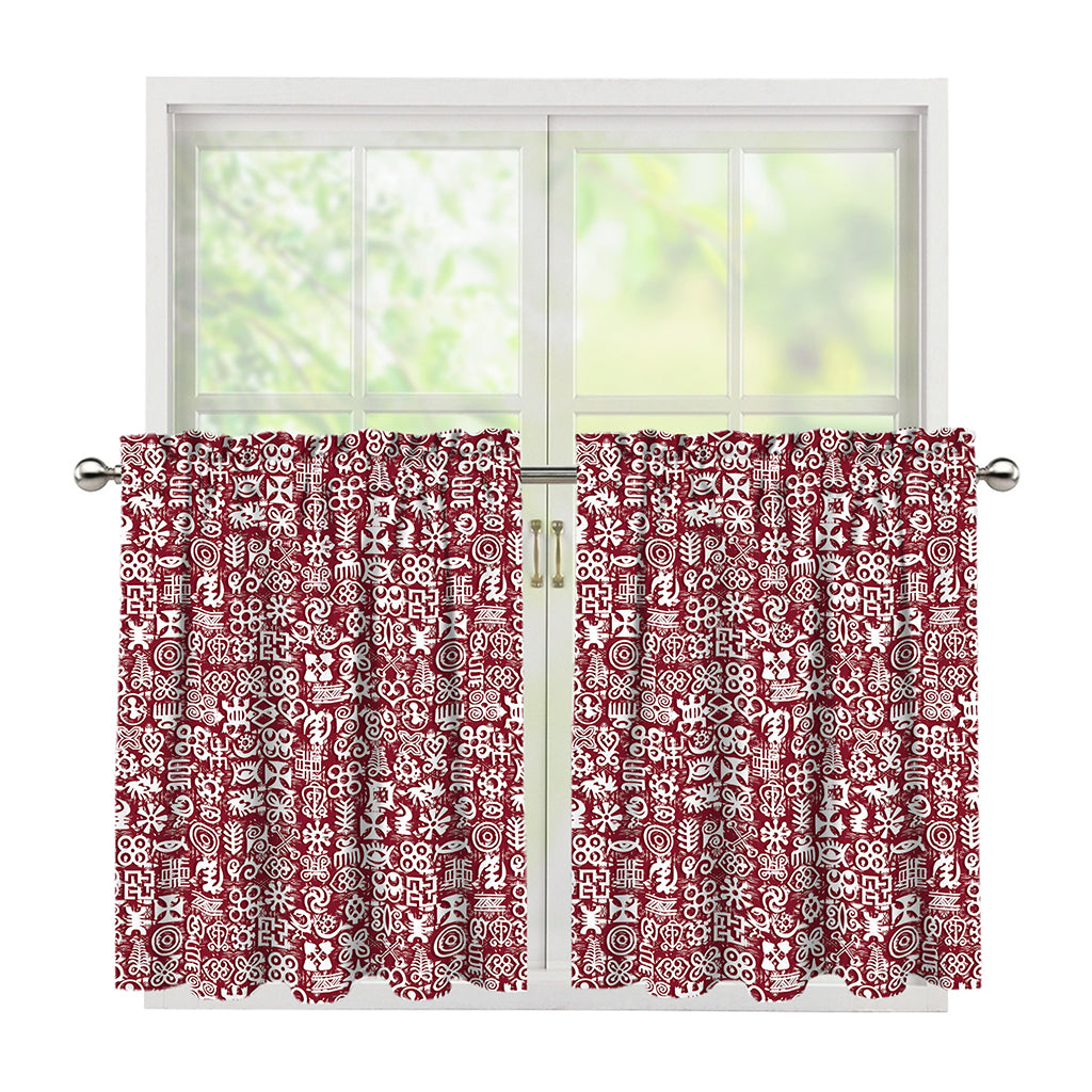 Red African Adinkra Tribe Symbols Tier Curtains