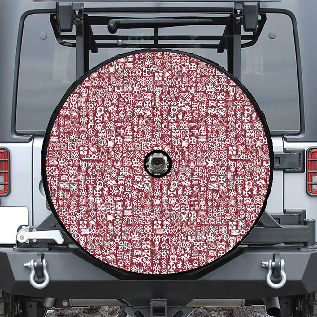 Red African Adinkra Tribe Symbols Tire Cover With Camera Hole