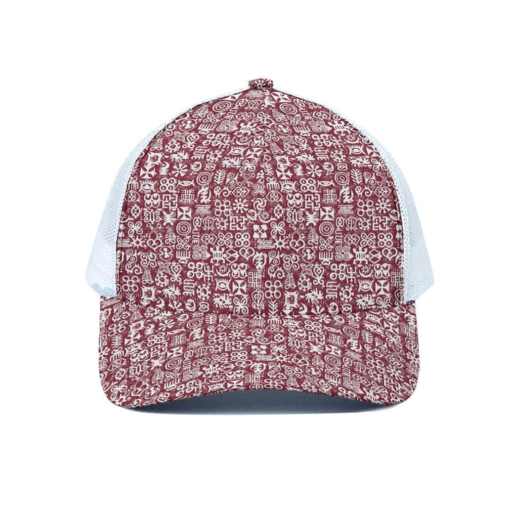 Red African Adinkra Tribe Symbols White Mesh Trucker Cap