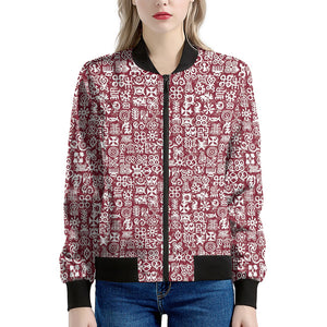 Red African Adinkra Tribe Symbols Women's Bomber Jacket