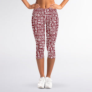 Red African Adinkra Tribe Symbols Women's Capri Leggings