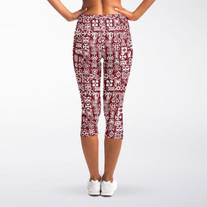 Red African Adinkra Tribe Symbols Women's Capri Leggings