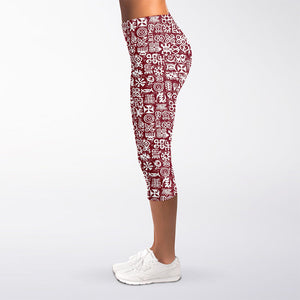 Red African Adinkra Tribe Symbols Women's Capri Leggings