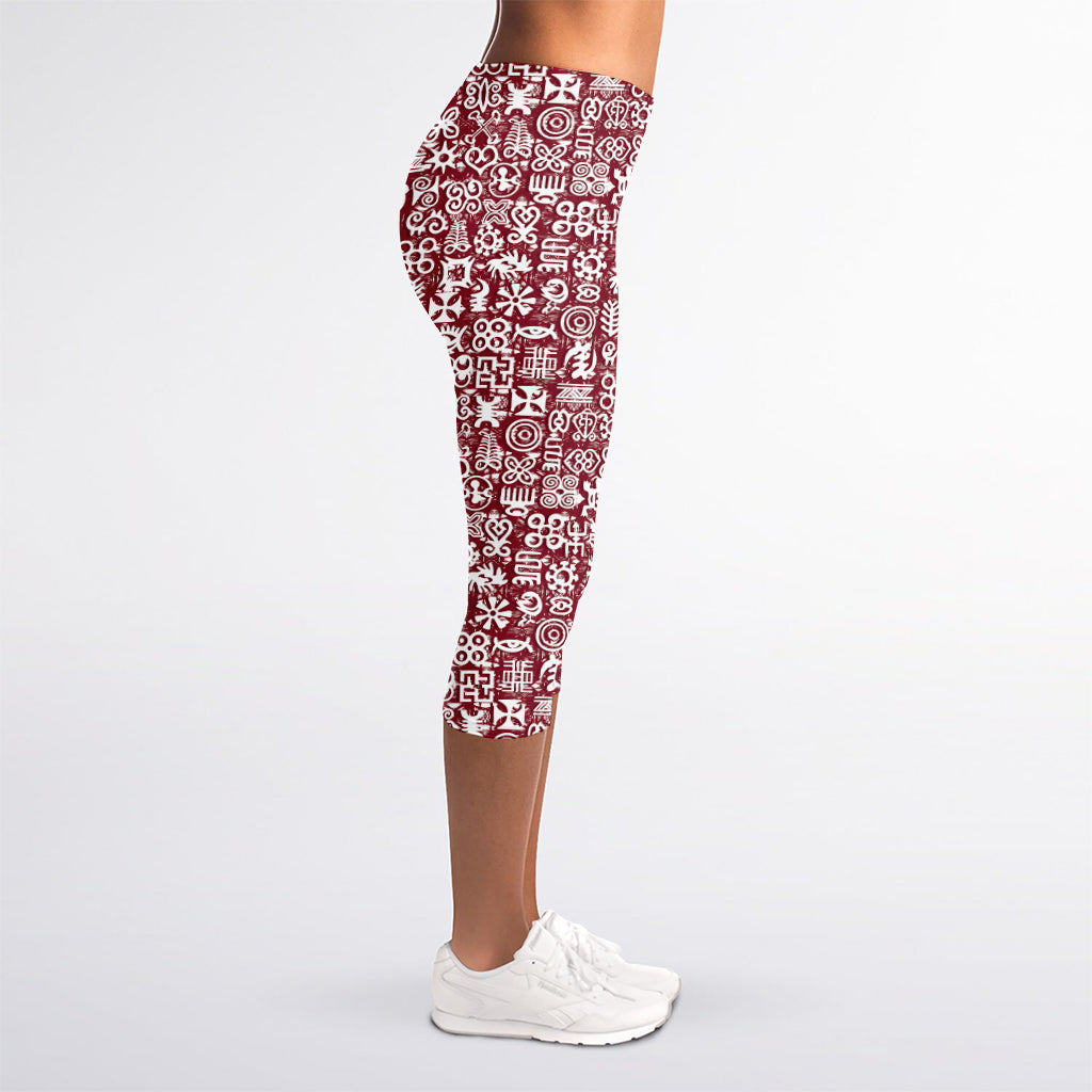 Red African Adinkra Tribe Symbols Women's Capri Leggings