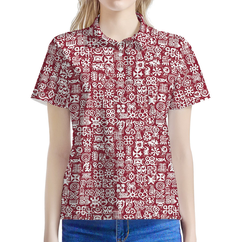 Red African Adinkra Tribe Symbols Women's Polo Shirt