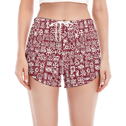 Red African Adinkra Tribe Symbols Women's Split Running Shorts