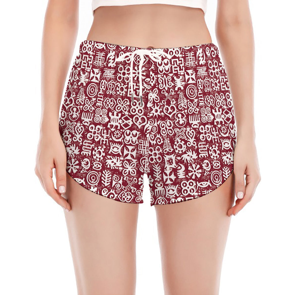 Red African Adinkra Tribe Symbols Women's Split Running Shorts