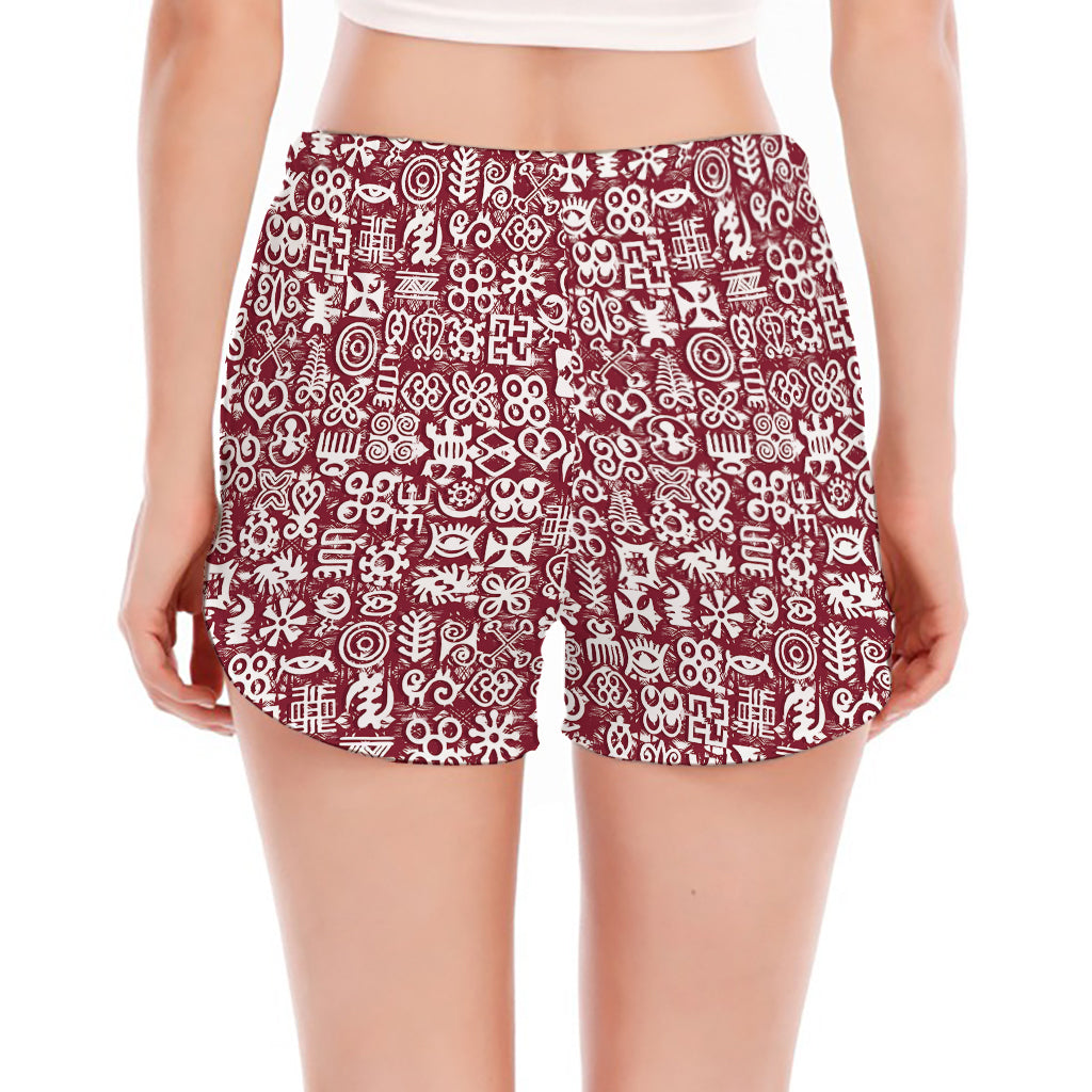 Red African Adinkra Tribe Symbols Women's Split Running Shorts