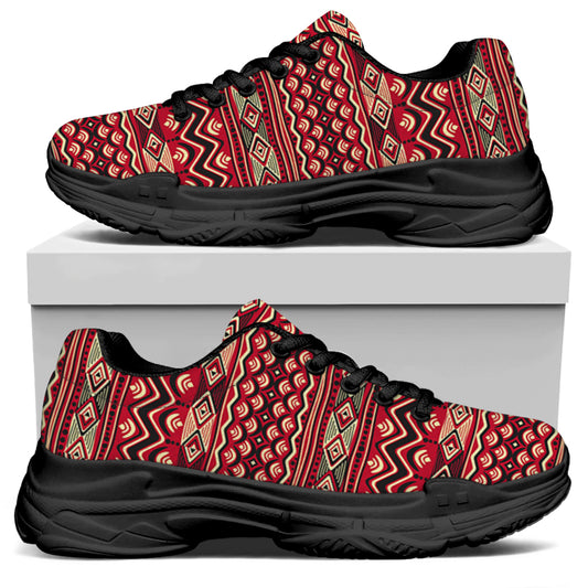 Red African Tribal Pattern Print Black Chunky Shoes