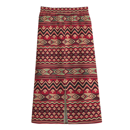 Red African Tribal Pattern Print Cotton Front Slit Maxi Skirt