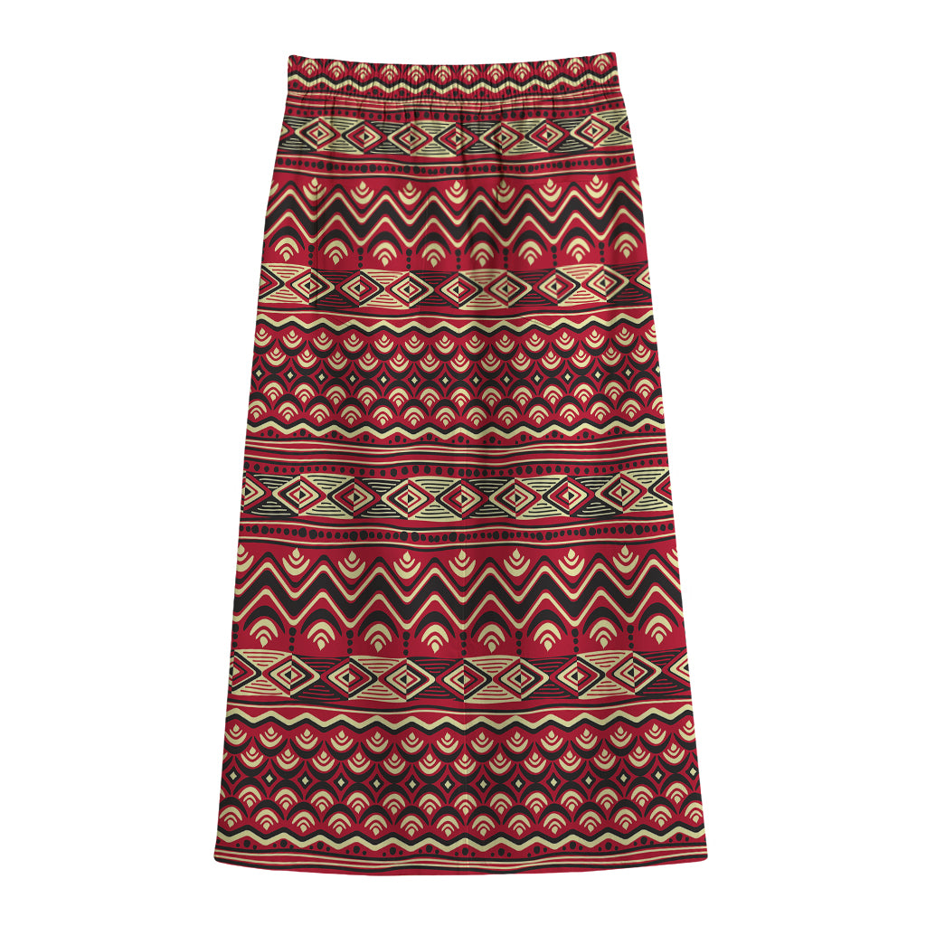 Red African Tribal Pattern Print Cotton Front Slit Maxi Skirt