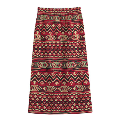 Red African Tribal Pattern Print Cotton Front Slit Maxi Skirt