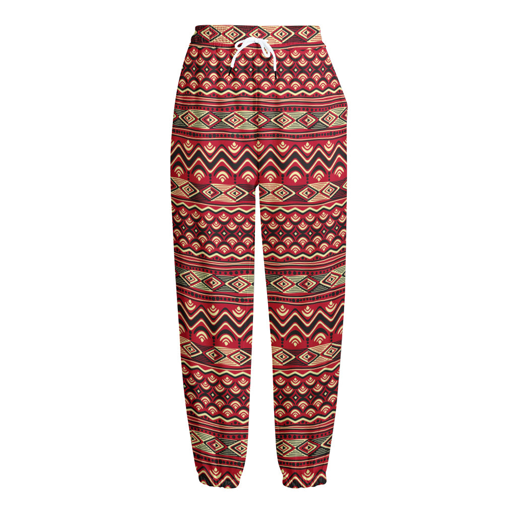Red African Tribal Pattern Print Fleece Lined Knit Pants