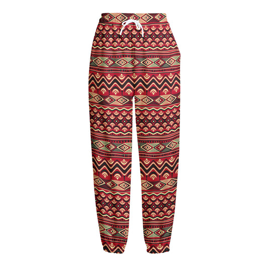 Red African Tribal Pattern Print Fleece Lined Knit Pants