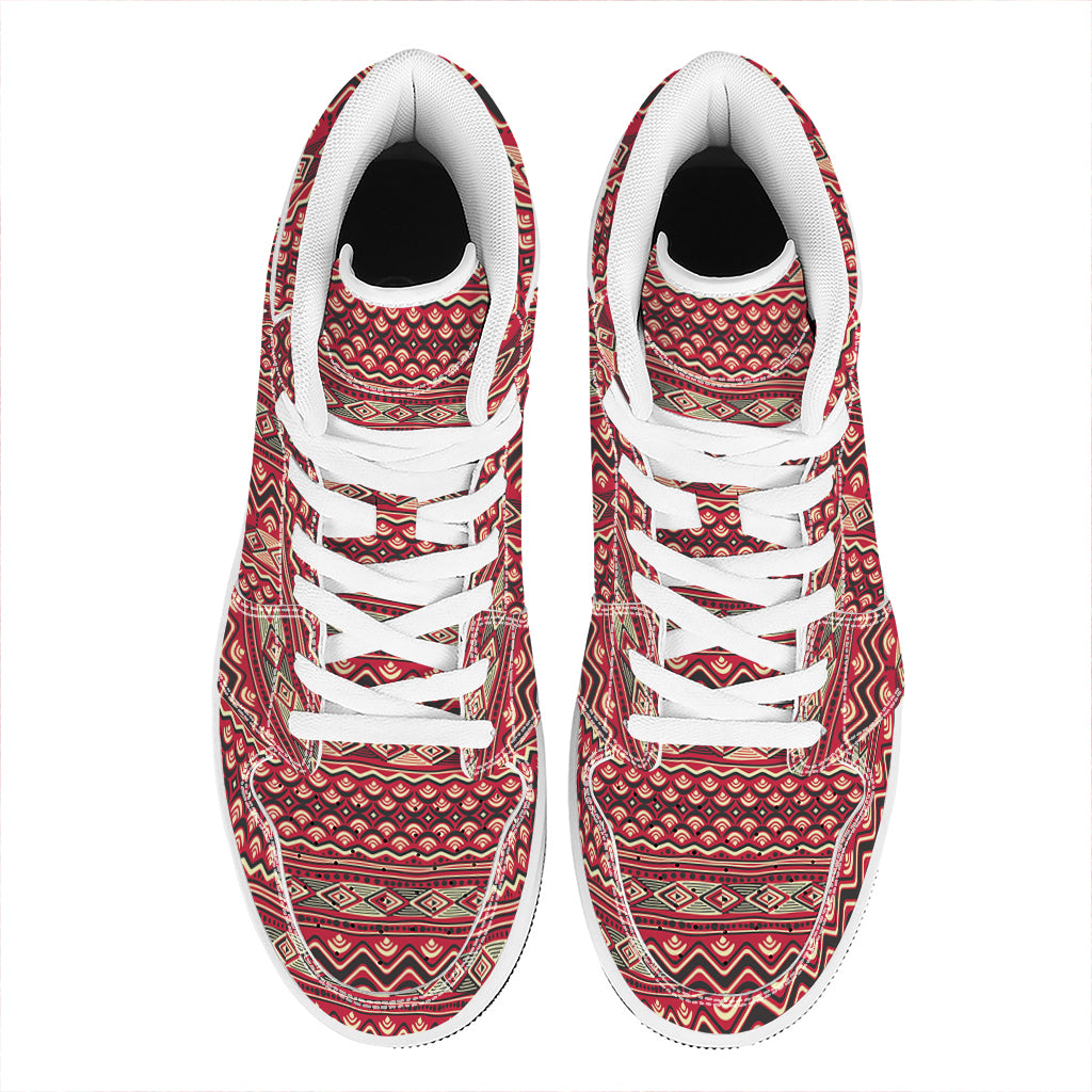 Red African Tribal Pattern Print High Top Leather Sneakers
