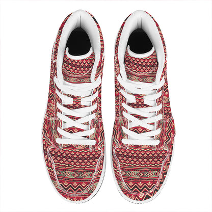 Red African Tribal Pattern Print High Top Leather Sneakers
