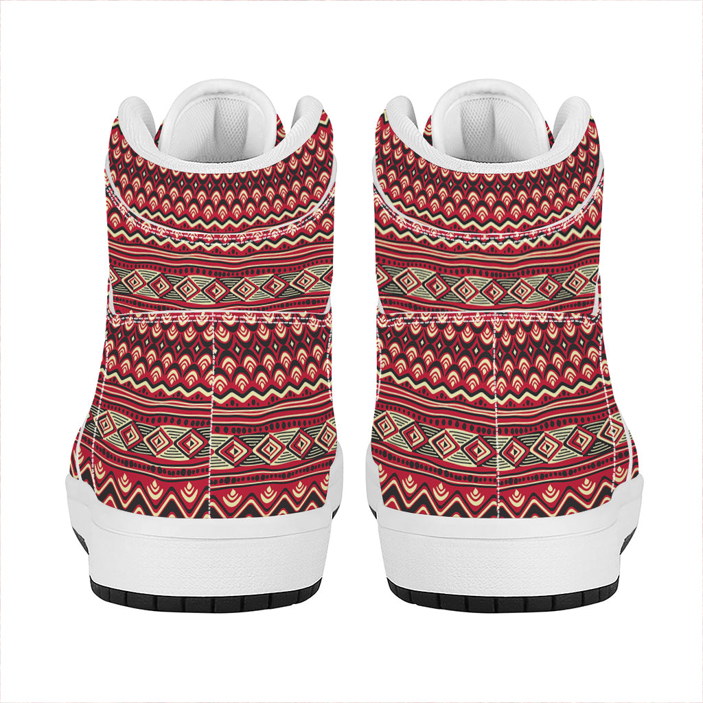 Red African Tribal Pattern Print High Top Leather Sneakers