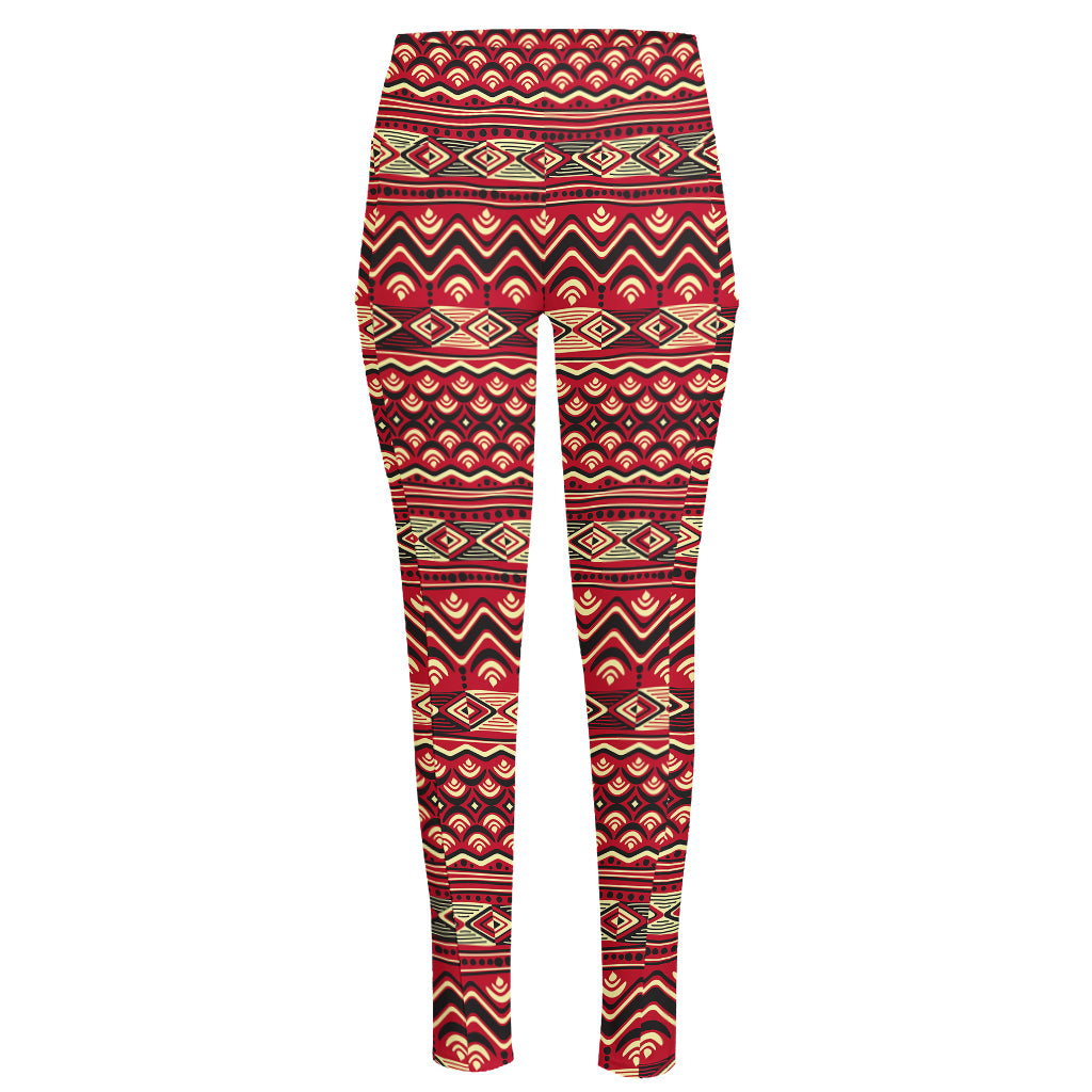 Red African Tribal Pattern Print High-Waisted Pocket Leggings