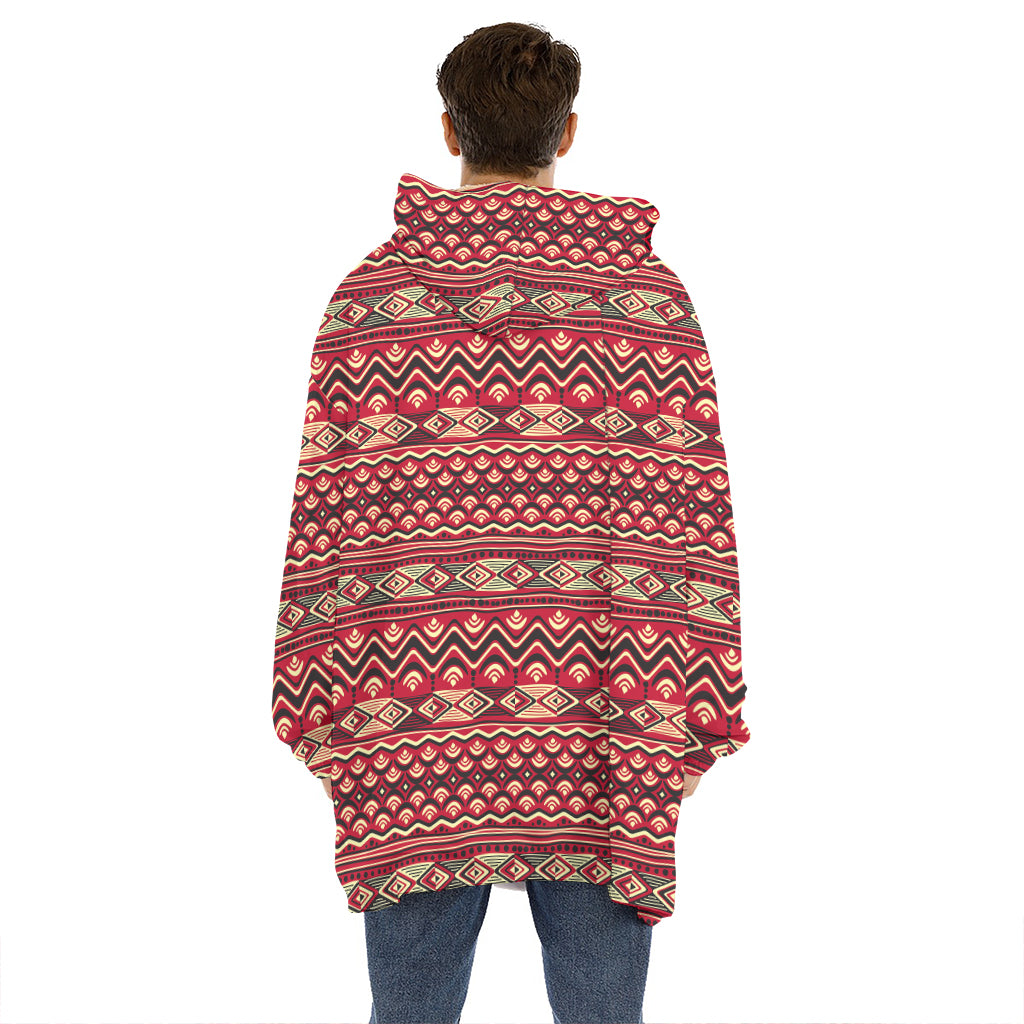 Red African Tribal Pattern Print Hoodie Blanket