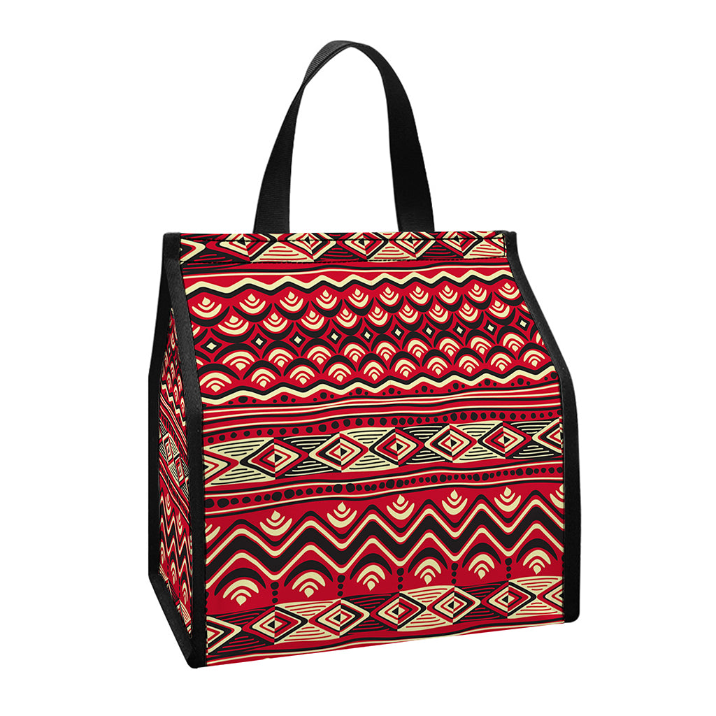 Red African Tribal Pattern Print Insulated Lunch Tote