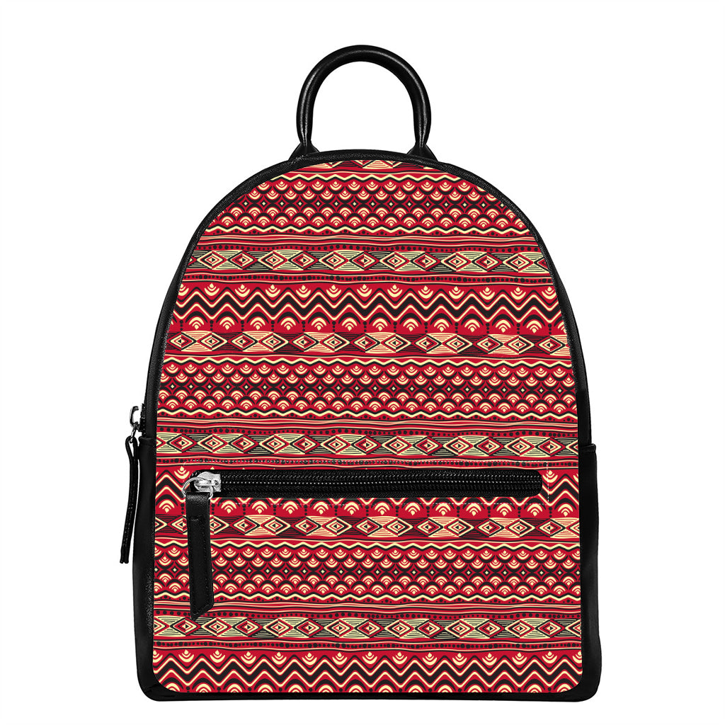 Red African Tribal Pattern Print Leather Backpack