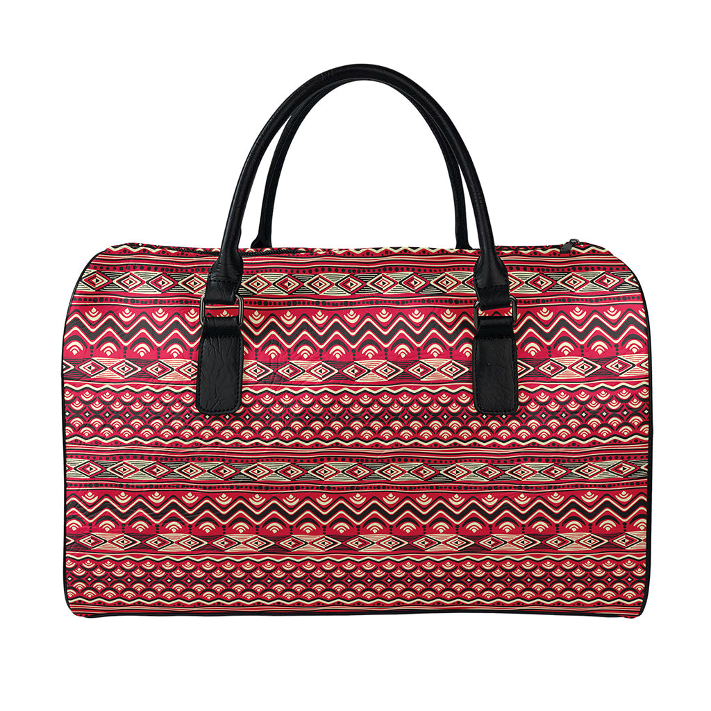 Red African Tribal Pattern Print Leather Duffle Bag