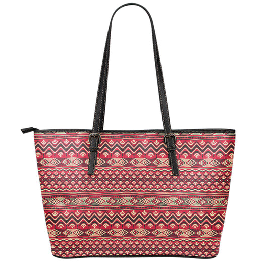 Red African Tribal Pattern Print Leather Tote Bag