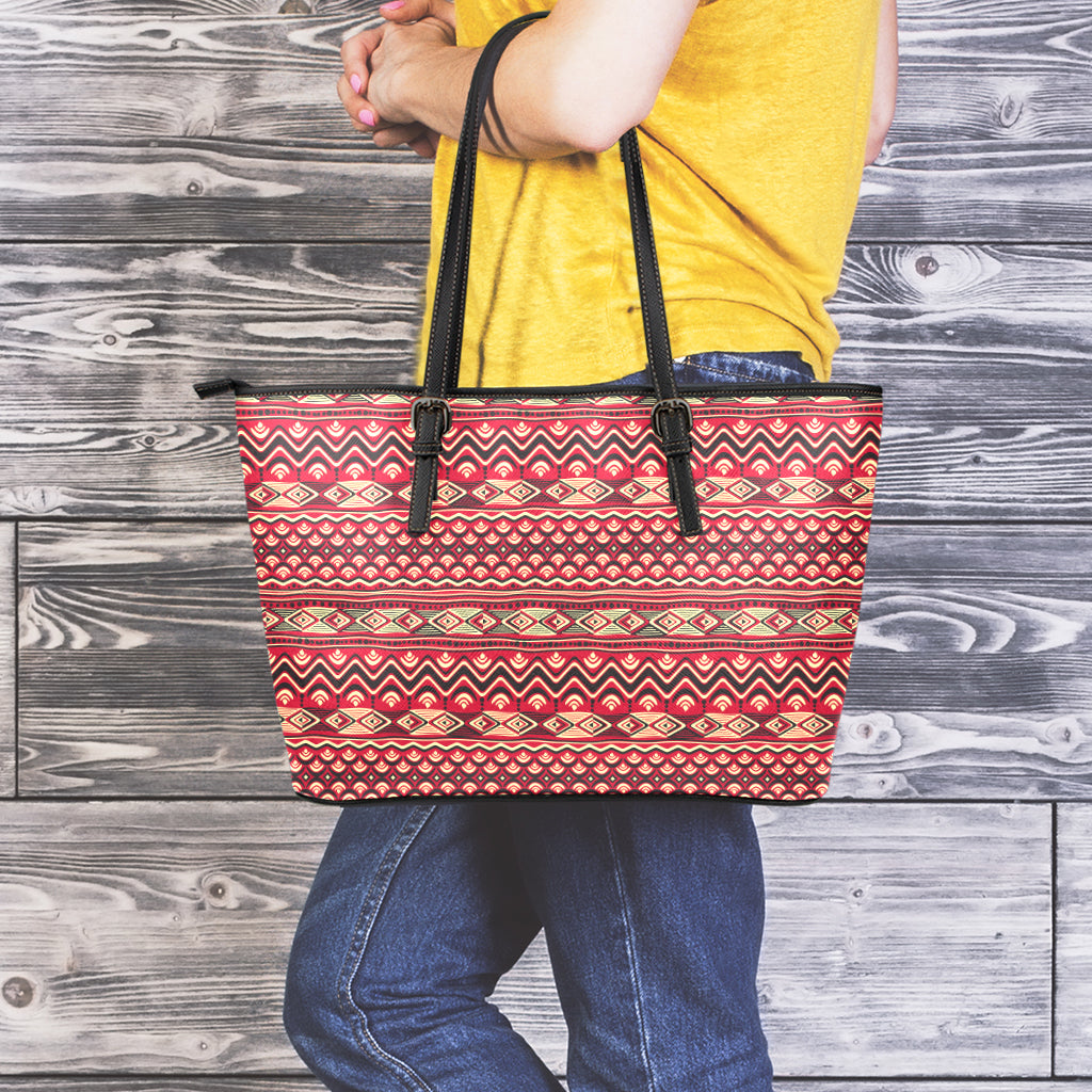 Red African Tribal Pattern Print Leather Tote Bag