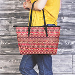 Red African Tribal Pattern Print Leather Tote Bag
