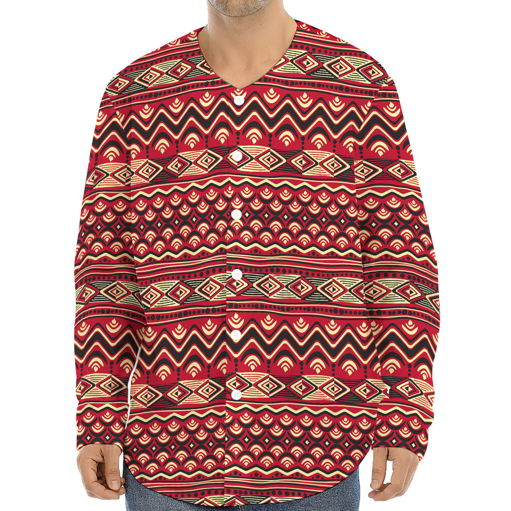 Red African Tribal Pattern Print Long Sleeve Baseball Jersey