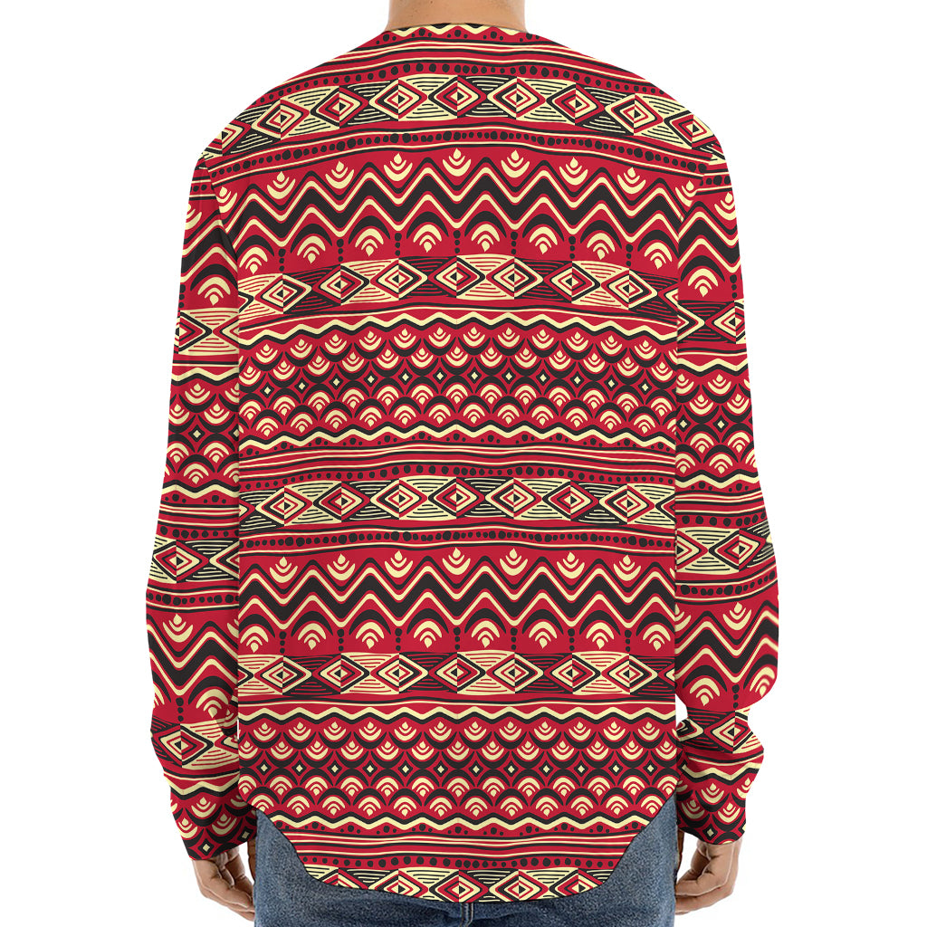 Red African Tribal Pattern Print Long Sleeve Baseball Jersey