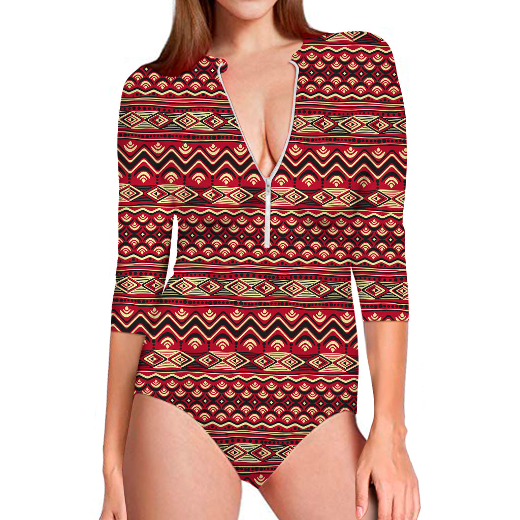 Red African Tribal Pattern Print Long Sleeve Swimsuit