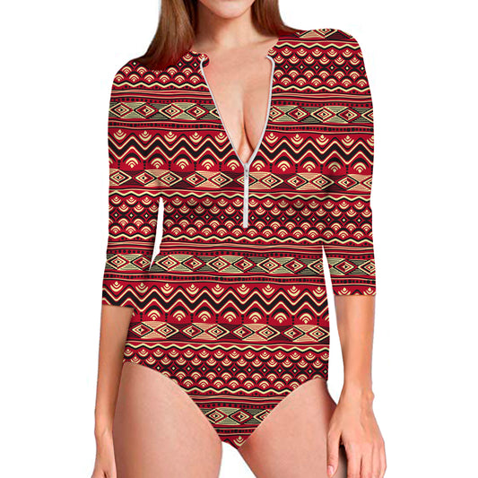 Red African Tribal Pattern Print Long Sleeve Swimsuit