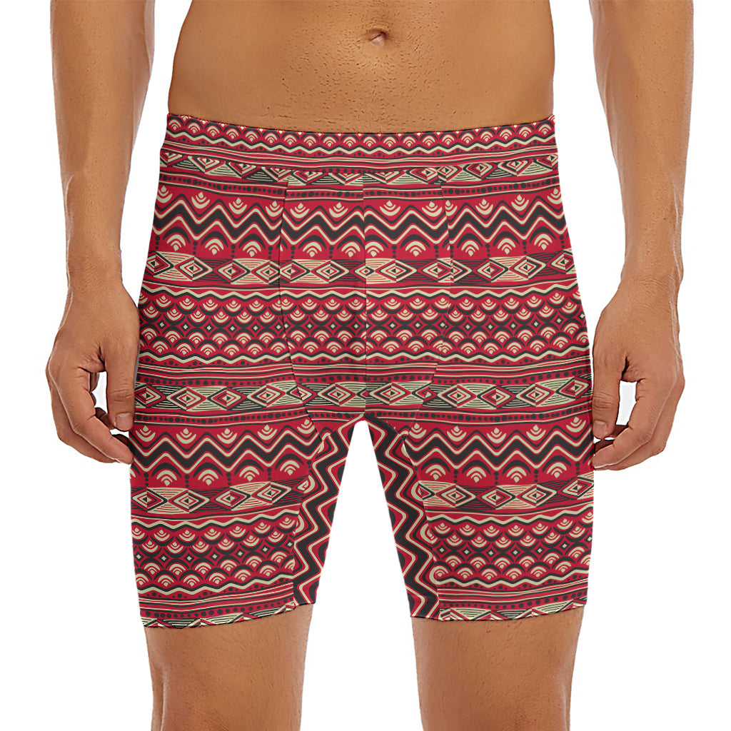 Red African Tribal Pattern Print Men's Long Boxer Briefs