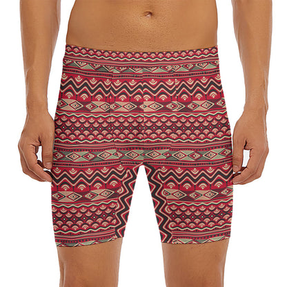 Red African Tribal Pattern Print Men's Long Boxer Briefs