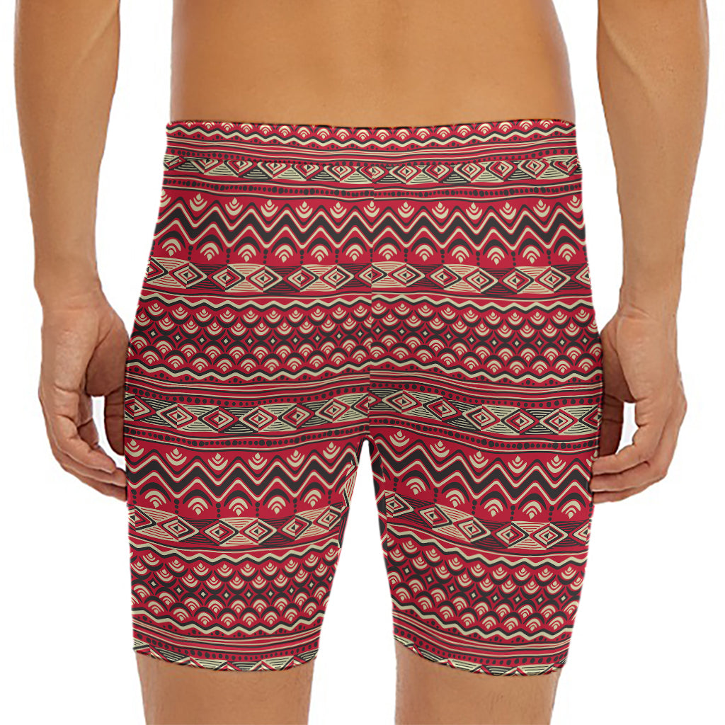 Red African Tribal Pattern Print Men's Long Boxer Briefs