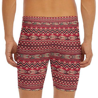 Red African Tribal Pattern Print Men's Long Boxer Briefs