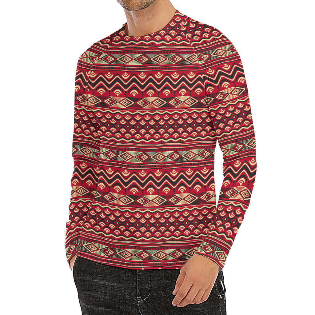 Red African Tribal Pattern Print Men's Long Sleeve Rash Guard
