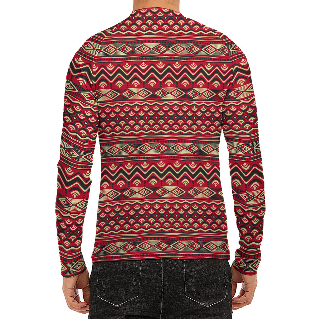 Red African Tribal Pattern Print Men's Long Sleeve Rash Guard