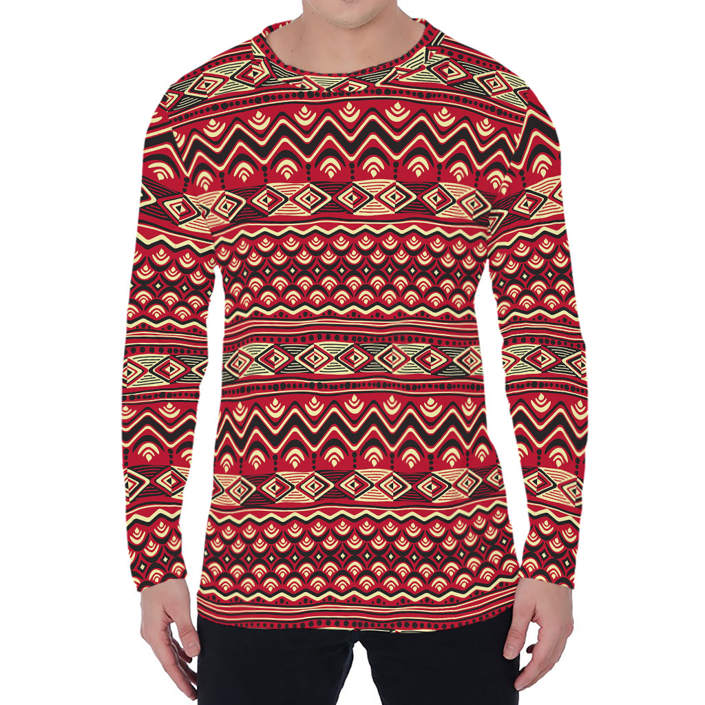 Red African Tribal Pattern Print Men's Long Sleeve T-Shirt