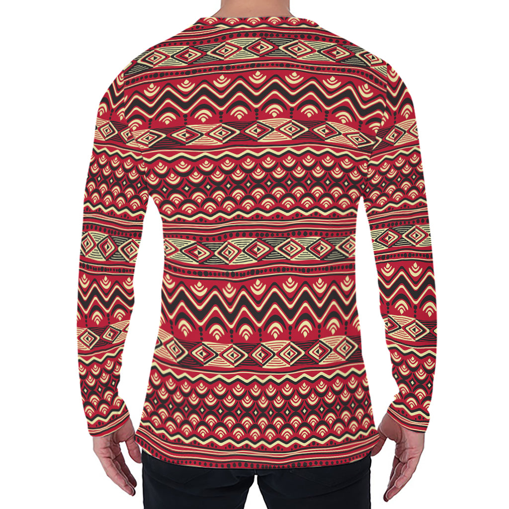 Red African Tribal Pattern Print Men's Long Sleeve T-Shirt