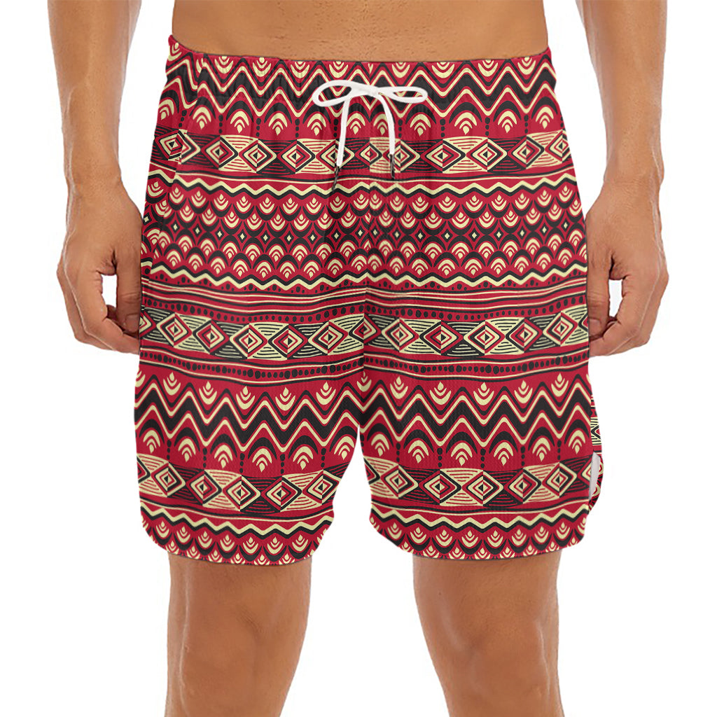 Red African Tribal Pattern Print Men's Split Running Shorts