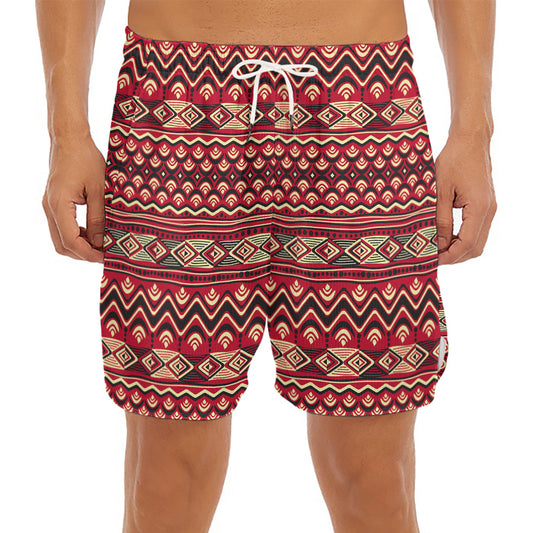 Red African Tribal Pattern Print Men's Split Running Shorts